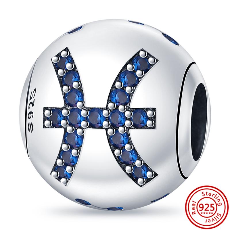 

S925 стерлингового серебра голубые циркониевые звезды 12 созвездий блестящие круглые самодельные бусины подходят для оригинального браслета с подвесками роскошные ювелирные изделия