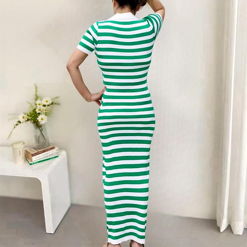 2026 Spring/Summer French Striped Knit Dress: Spicy Girl Long Slit with Short Sleeves Large зелёный