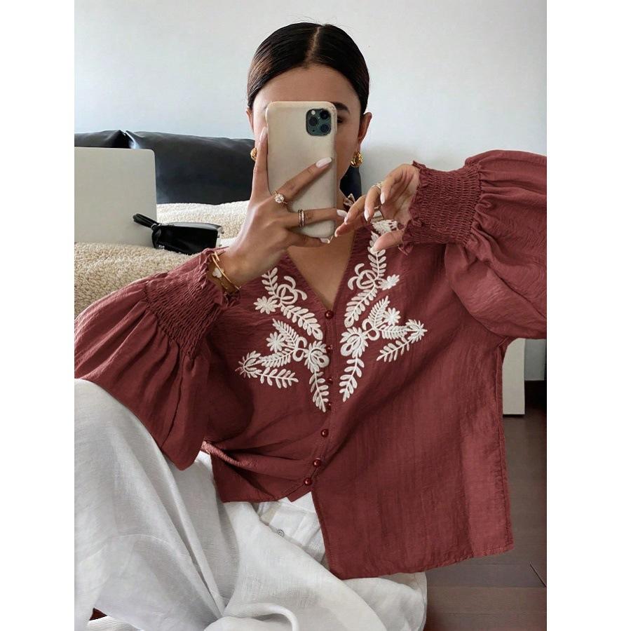 

Женские осенние однобортные блузки и рубашки с V-образным вырезом, женские повседневные рубашки с длинным рукавом и вышивкой S вино красного