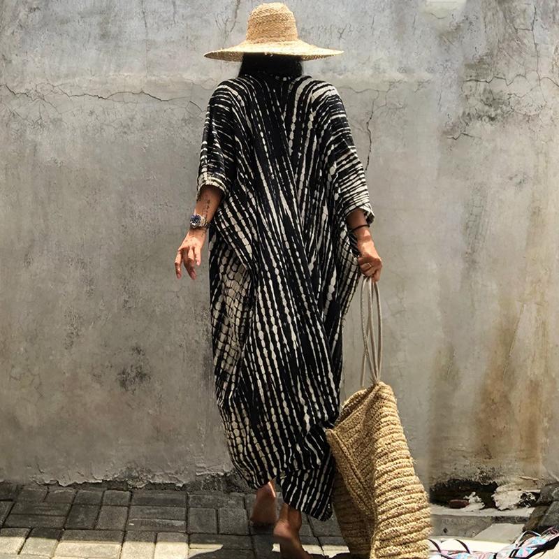 2022 Bikini Cover-ups Black Retro Striped Self Belted Plus Size WomenSummer Kimono Dress Beach Wear Swim Suit Cover Up Q1225