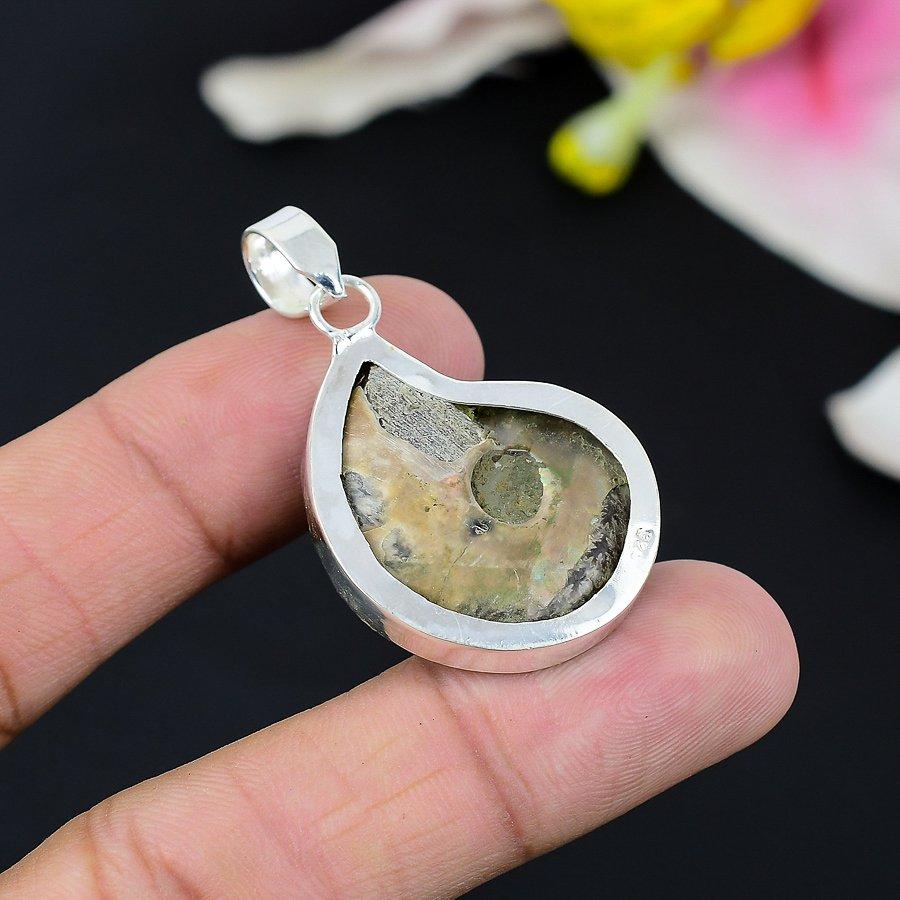 Ammonite Fossil Gemstone Handmade 925 Sterling Silver Jewelry Pendant 2.29" KG-136
