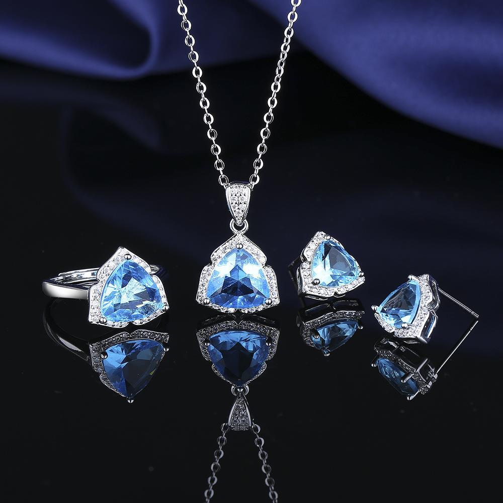 Fashion Temperament Natural Aquamarine Colored Treasure Zircon Set Ring Necklace Earrings Women s Jewelry Ring Size:Adjustable