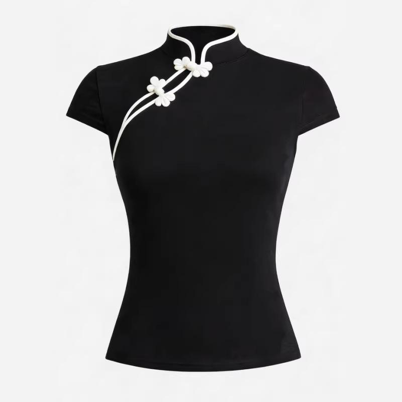 European and American summer retro Chinese style niche buckle women's slim fit cheongsam collar top