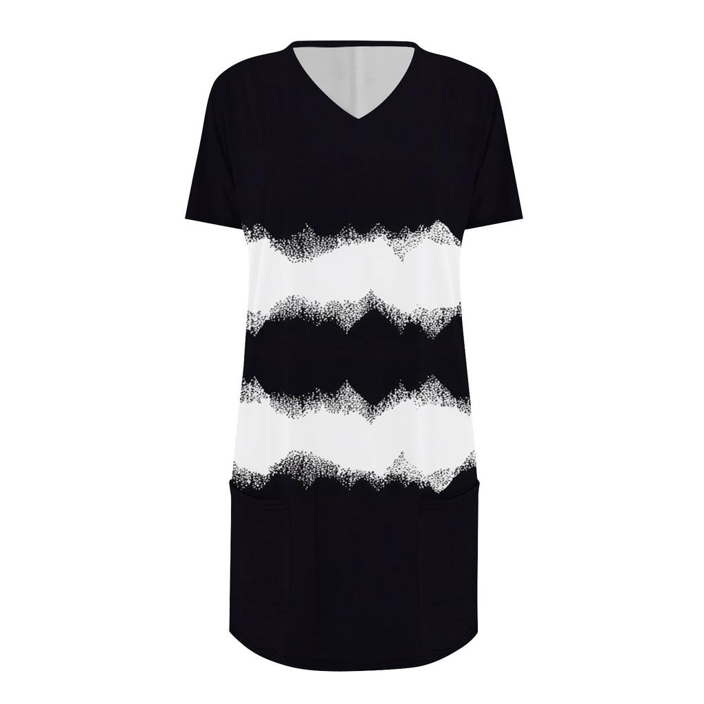 Top da donna Scollo a V Manica corta Bluse Casual Camicie a metà lunghezza Top a tunica con stampa alla moda con tasche