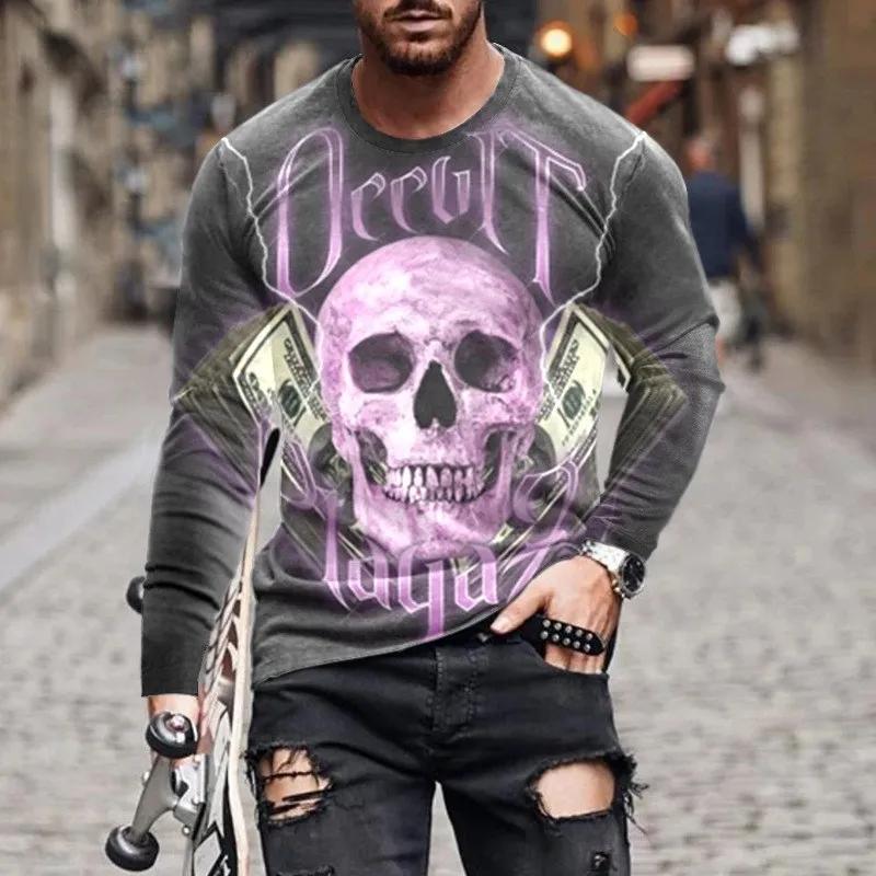 Round Neck 3D Skull Printed Top Fashionable Long Sleeved Men's T-shirts - Soft Medium Stretch Polyester Fabric Spring and Autumn Relaxed Fit Clothing