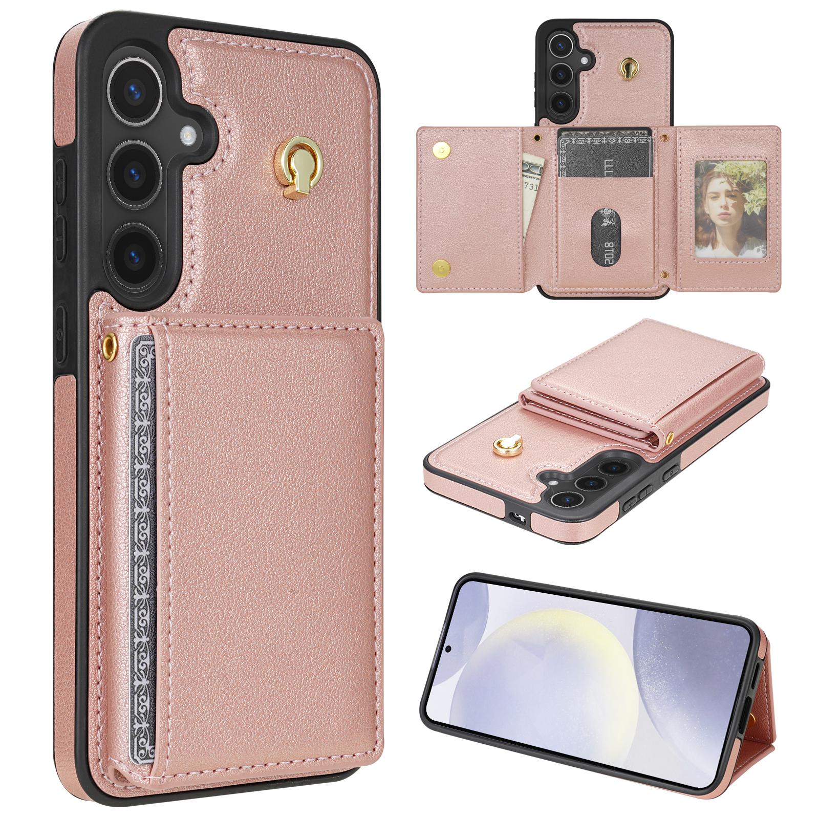 

For Samsung Galaxy S25+ Case Tri-Fold Card Holder Kickstand TPU+Leather Back Cover with Shoulder Strap Pink