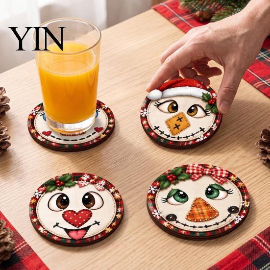 Wooden Coasters for Drinks 4Pcs Christmas Snowman Coasters, Cute Face Drink Cup Party Tableware Mats, Heat Resistant UV Printed Wood Tabletop Holiday
