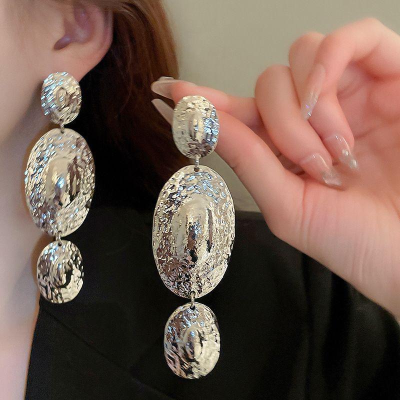 Geometric Oval Tassel Earrings: Bold European-American Style, Unique Long Metallic Design for Women