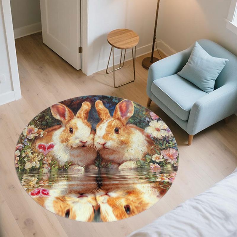 Two Rabbits pattern round rug,Carpet Rug for Living Room Bedroom Playroom ,Non-slip Floor Mat,Holiday Gifts and Birthday Gifts.