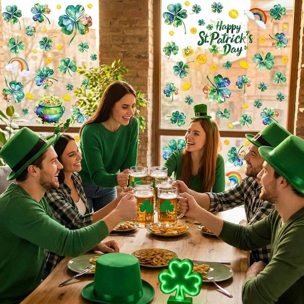 St Patricks Day Window Clings for Glass Windows, Saint Patrick's Day Shamrock Decor, Spring Window Sticker Decal for Gifting and Holidays, 8 Sheets