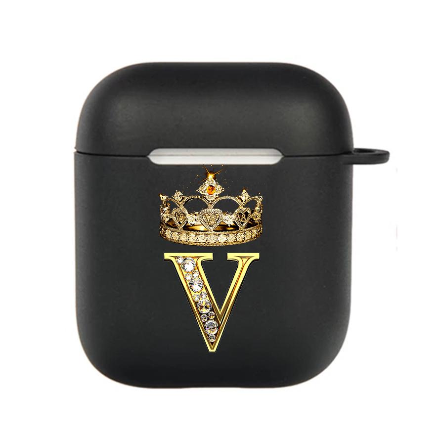 Diamond Crown Letter 26 With Hook Case For AirPods 2 3 1 Cases For Apple AirPods Pro 2 Coque Black TPU Soft Earphone Cover
