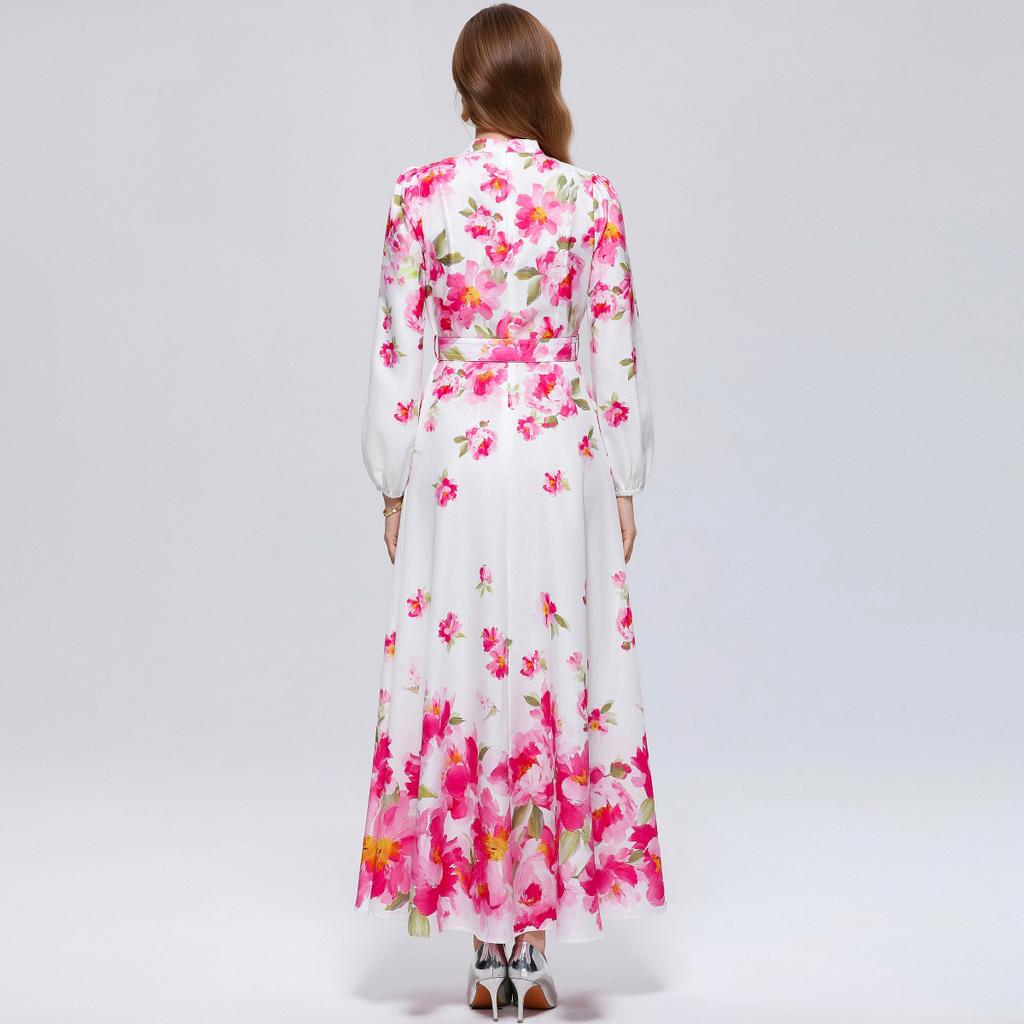 Elegant Gorgeous Flower Women Long Dress with Belt Stand Collar Lantern Sleeve Diamond Buttons 2026 Spring Summer Holiday Robes