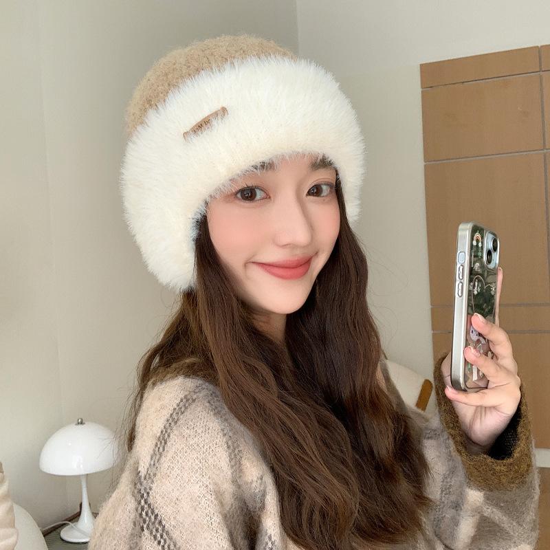 Hat Women'S Big Head Circumference Knitted Wool Hat Winter Warm Thickened Plush Hat Versatile Contrasting Color Ear Protector Cold Hat