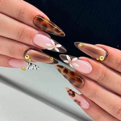 24 Pieces Nail Art Patch Removable Nail Simple Orchid Fake Nail French Leopard Print Wearing Nail Three-dimensional Diamond
