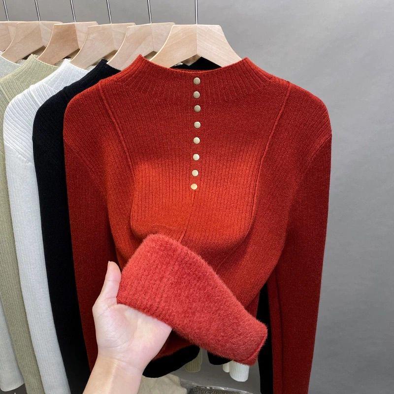 

Свитер с полувысоким воротом для женщин Бархатный базовый Осенне-зимний Новый Вязаный Модный топ S красный