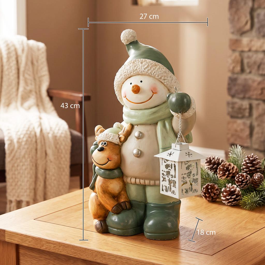 Snowman Figure 43 cm made of MGO with LED Lantern and Timer, for Entryway & Doorway Area