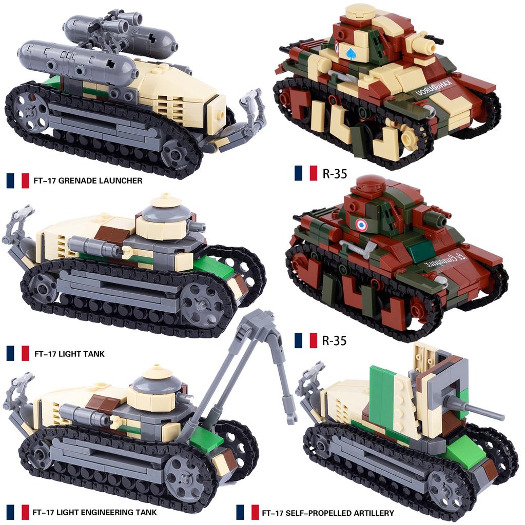 MOC Bricks Toys Military Car Vehicle WW2 Tank Building Blocks French Fighter R-35 AS-565 Armored Kids Gift