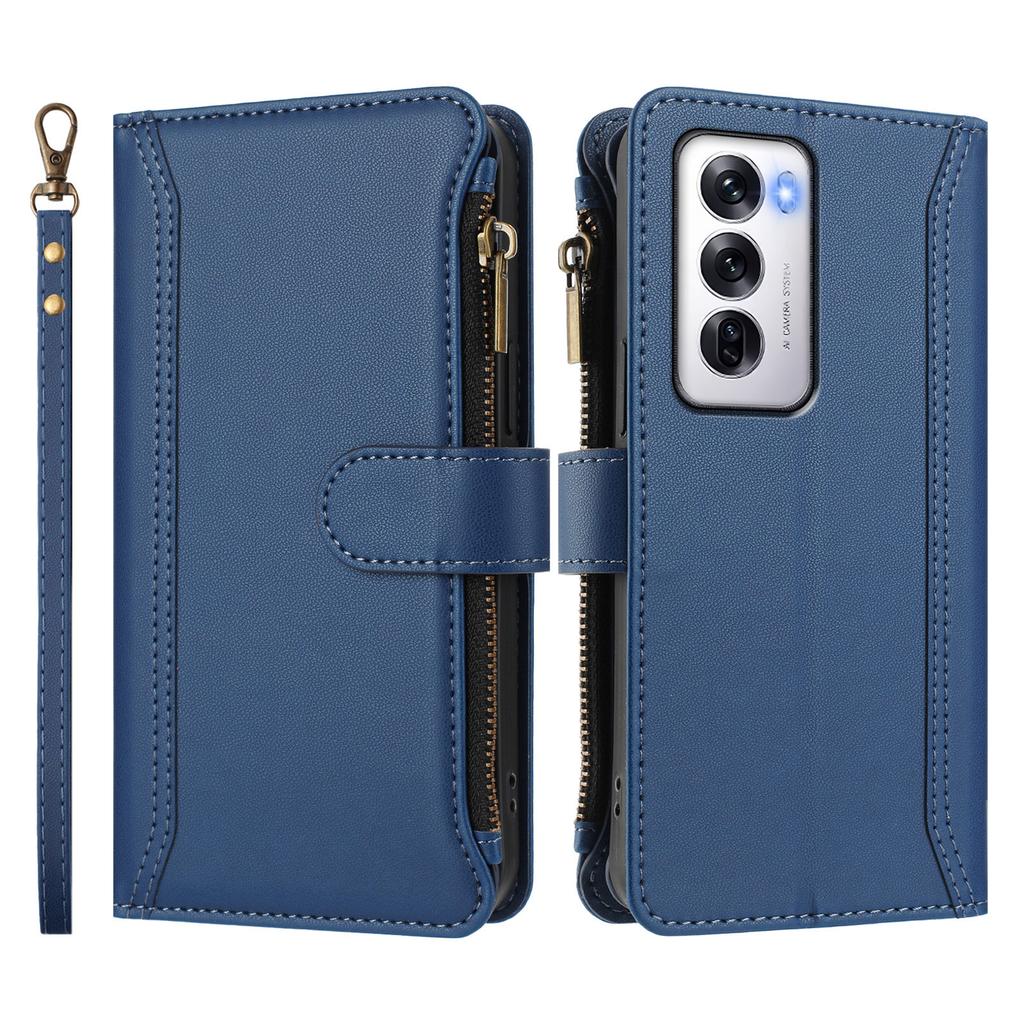 For Oppo Reno12 5G (Global) Leather Case 9 Card Slots Zipper Wallet Stand Phone Cover with Wrist Strap