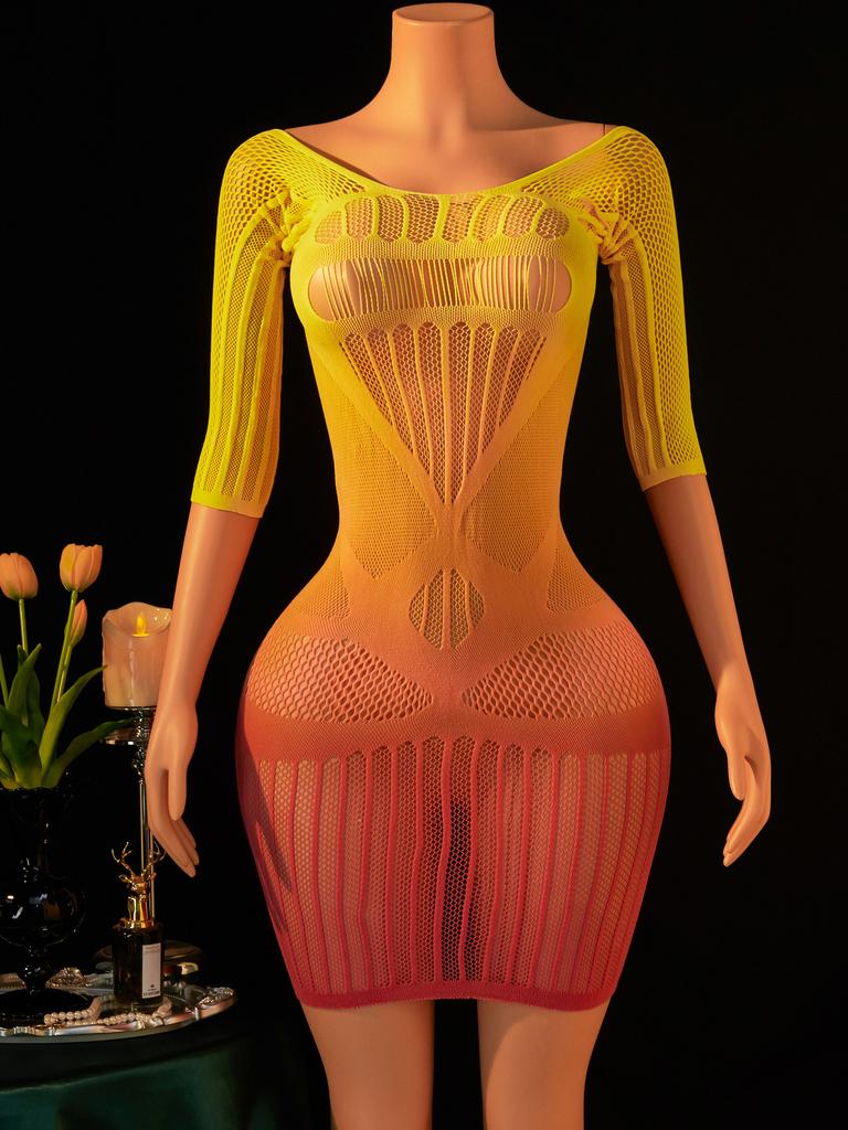 Fhseer Women'S Sexy Lingerie Gradient Color See Through Mesh Dress Half Sleeve Cutout Bodycon Mini Dress Night Club Party Wear
