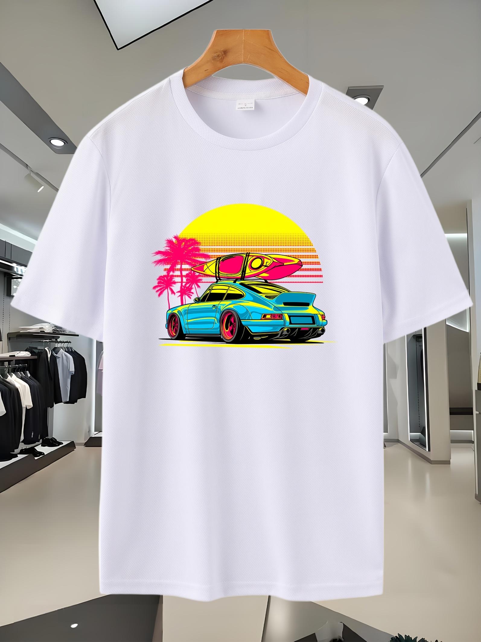 Retro 1964 Graphic T-shirt - Breathable Mesh Summer Tee with Vibrant Yellow Sunset & Palm Tree Design XXXXL