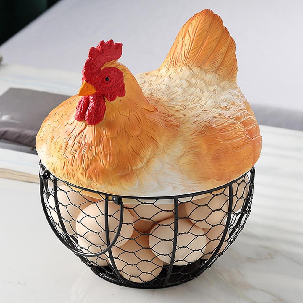 Egg Basket Vintage Metal Storage Holder Egg Gathering Basket with Hen Lid for Fruit Snack Farmhouse Kitchen Desktop Farm Easter