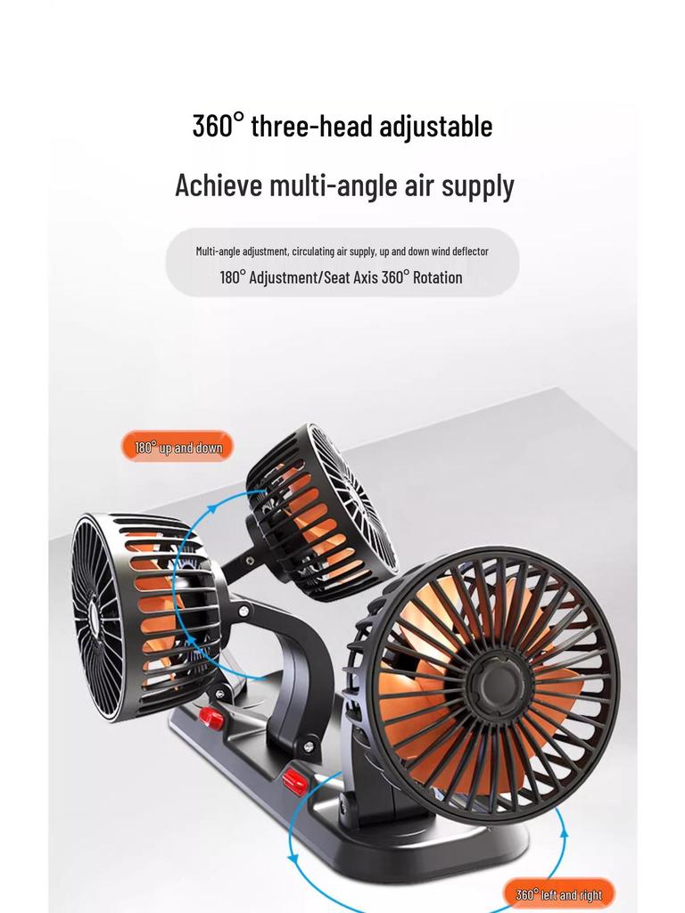 12V/24V Double Head USB Car Fan for Trucks & Minivans - Powerful Cooling