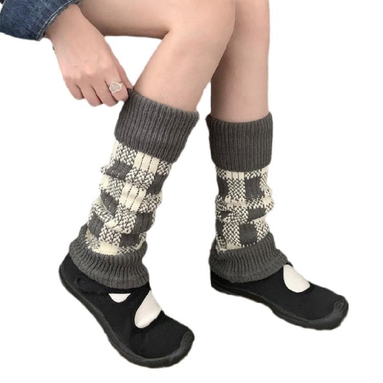 Korean Turn Cuffs Leg Warmer for Women Knitted Footless Calf Socks with Plaids Pattern Students Boot Covers Streetwear