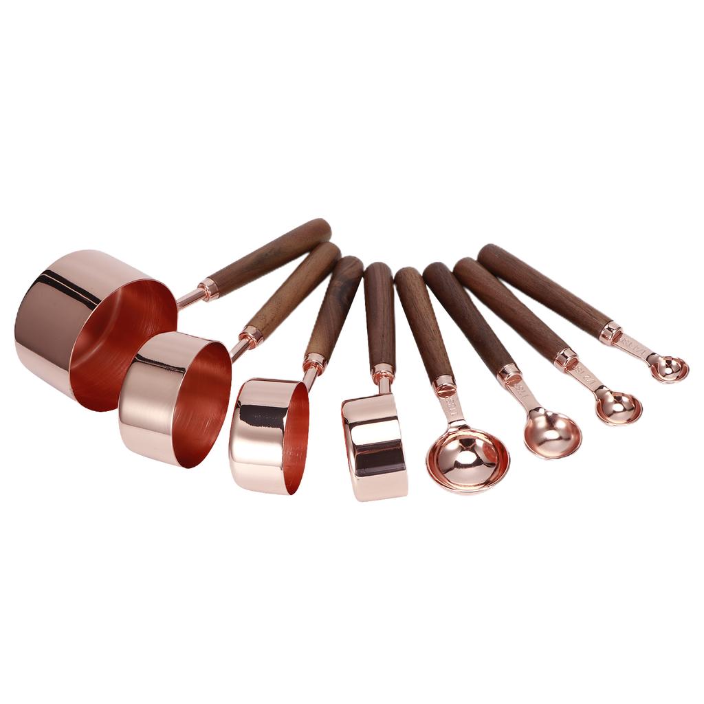 8Pcs Rose Gold Stainless Steel Measuring Spoon Set with Wood Handles Kitchen Baking Accessory
