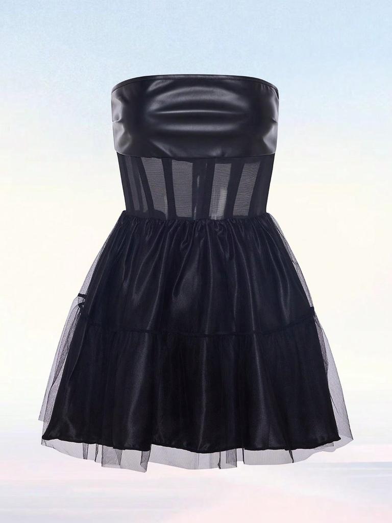 Rose Beauty A Grunge Punk Mesh Splicing PU Leder Entbeint Rückenfrei Rüschensaum Puffy Korsett Party Tube Kleid Halloween Kleidung