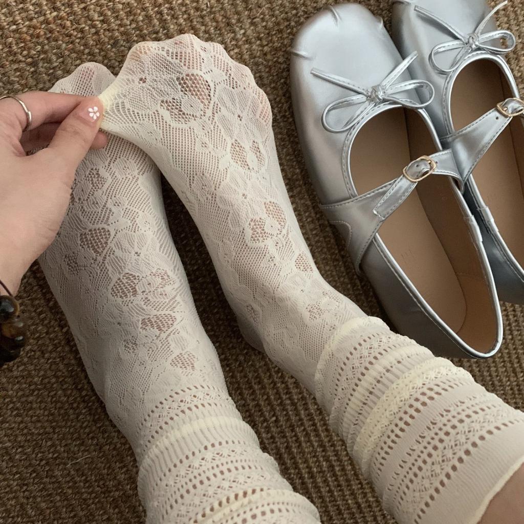 White Openwork Lace Stacked Socks Middle Tube Breathable Lolita Fungus Lace Socks Thin Summer
