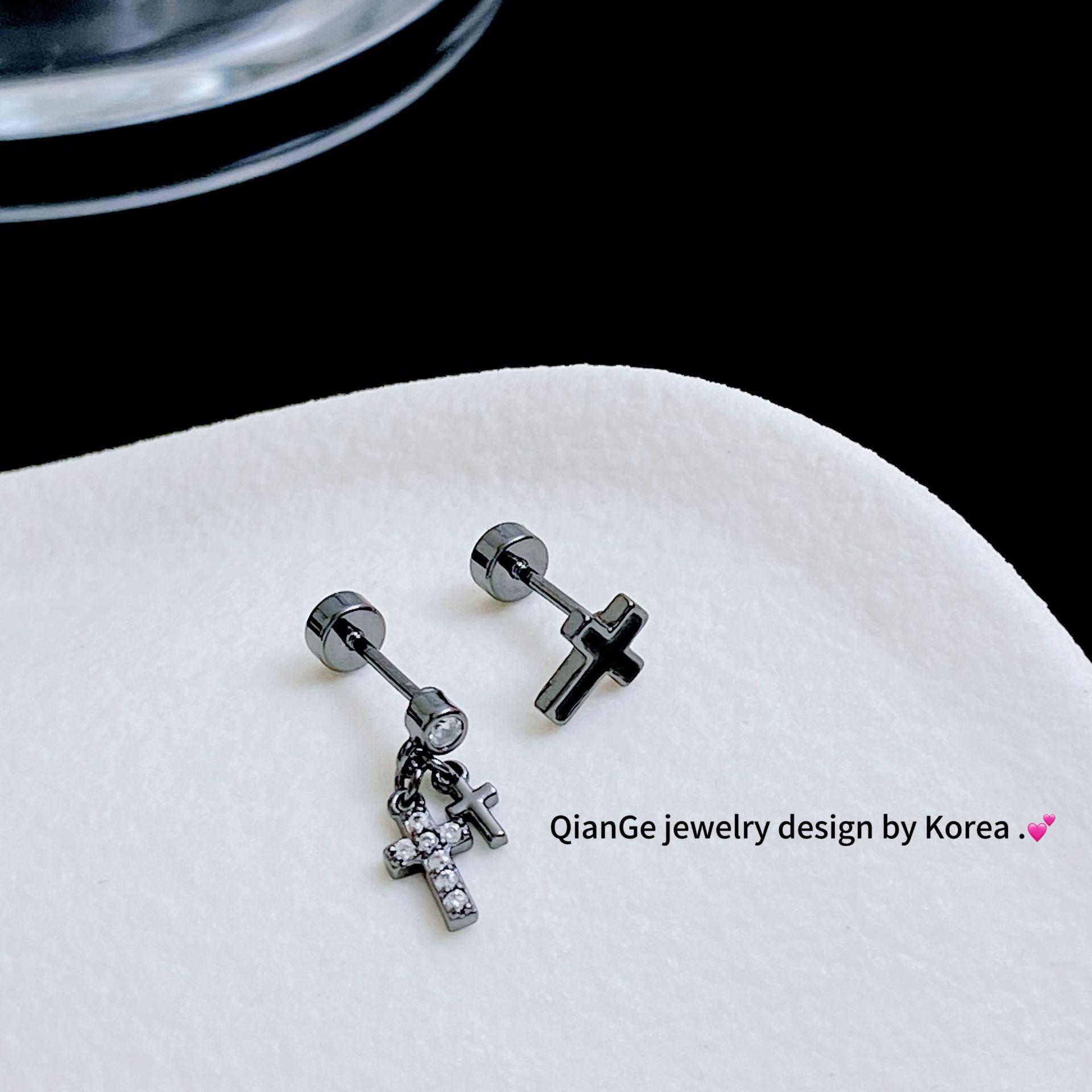 Dark Diamond Cross Screw Ear Cuff Studs Trendy Asymmetrical Earrings