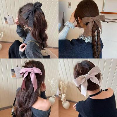 Korean Style Ribbed Swallowtail Bow Hair Clip - Elegant Large Duckbill Claw Clip
