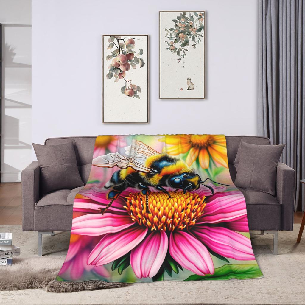 Bee and Flowers Flannel Blanket Adults Child Warm Bedding Throws Winter Home Decor Bedspread Sofa Bed Cover