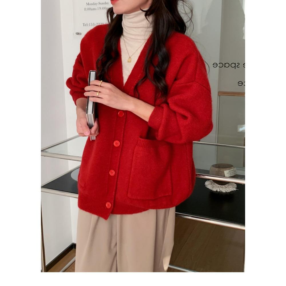 Solid Color Milk Style Autumn and Winter Sweater Cardigan Women's New Lazy Style Loose V-neck Gentle Knitted Coat Top