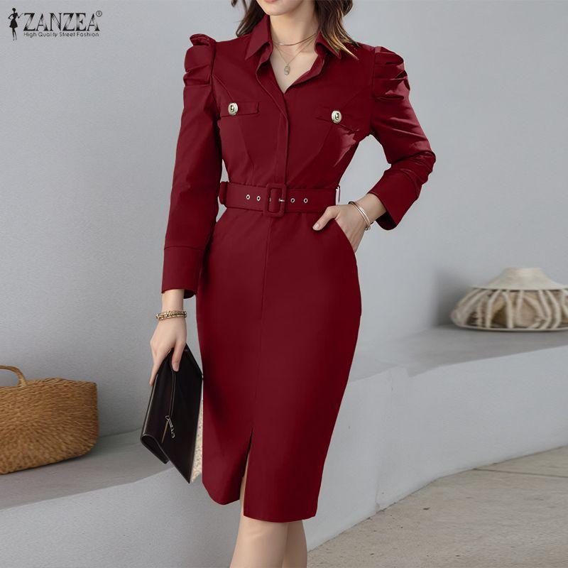 ZANZEA Women Casual Turn Down Collar Long Sleeve Solid Dress
