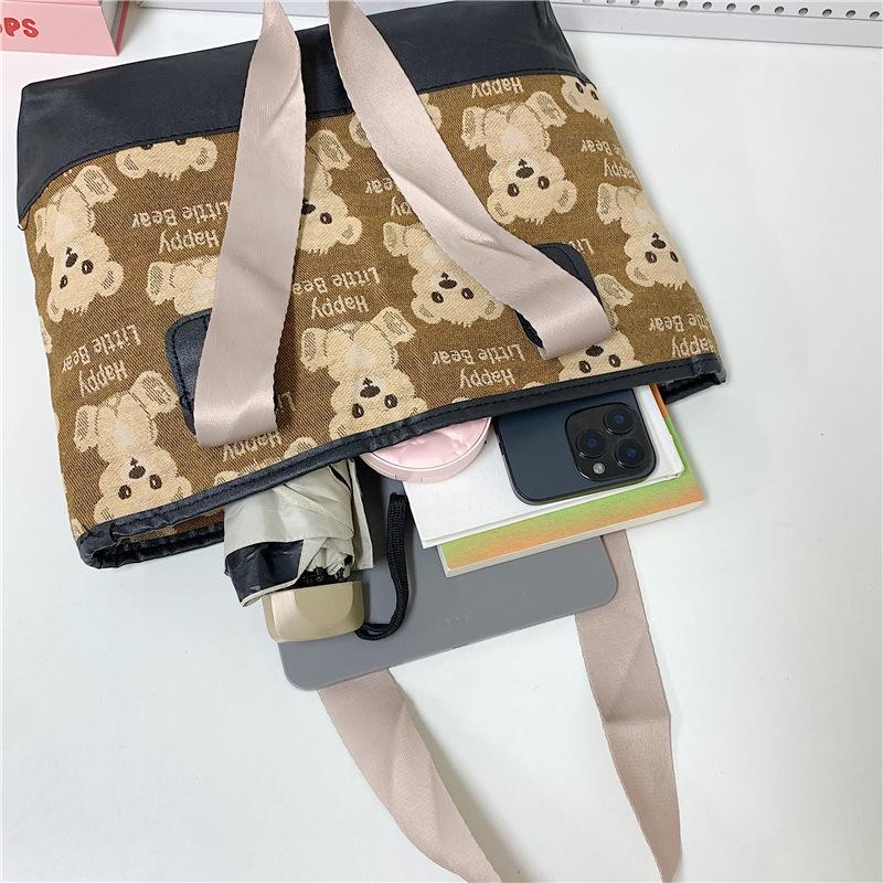 Women's 2025 Fashion Bear Print Canvas Tote - Versatile, Large Capacity Shoulder Bag for Students