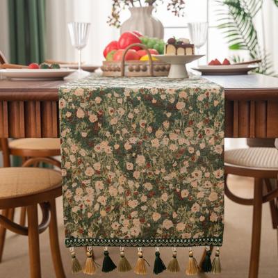 High-end Vintage Jacquard Table Runner Thickened Flower Pattern Tablecloth with Tassel Table Cover Dinner Party