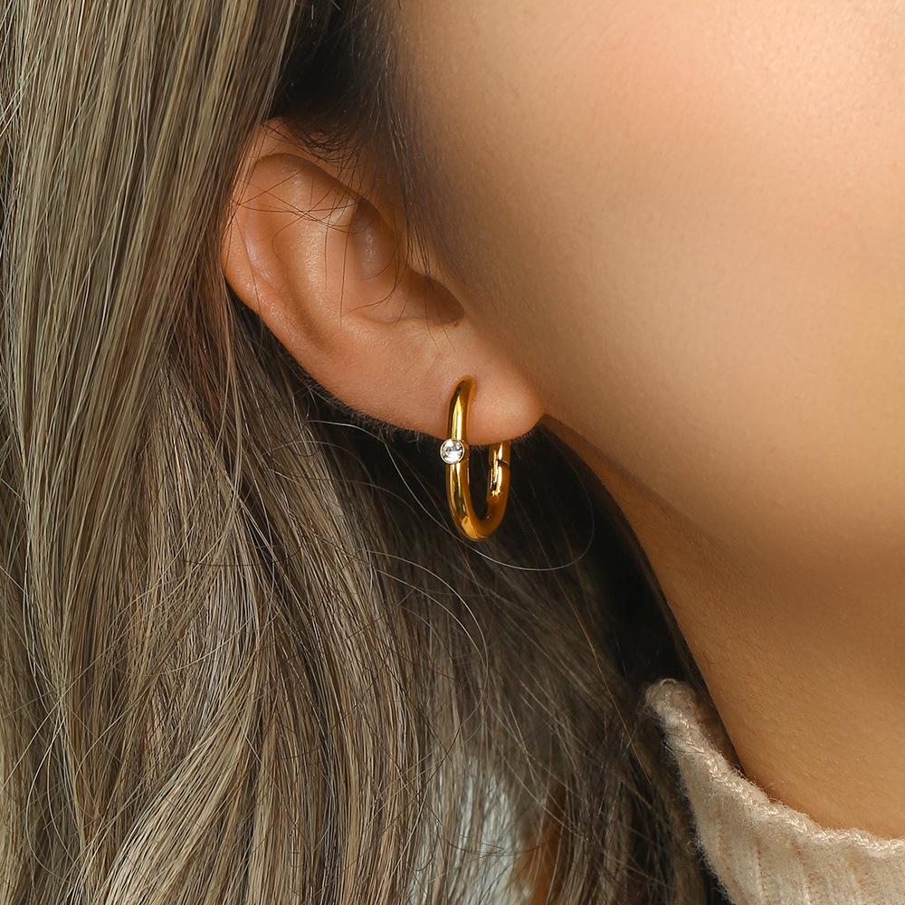 Drop Ship Gold Plated Stainless Steel Hoop Earring U Shape Huggie Hoop Cubic Zircon Diamond Earrings Piercing Jewelry
