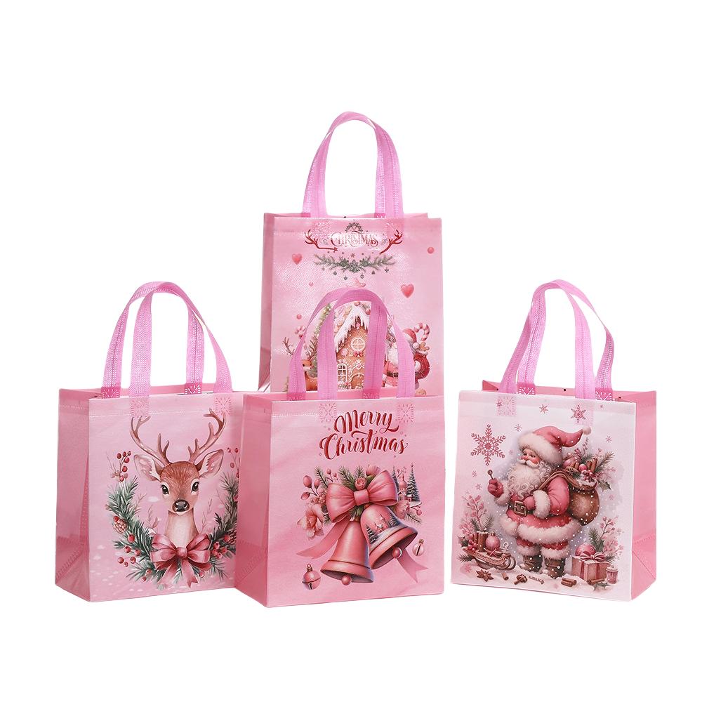 StoBag Pink Christmas Gift Wrapping Bags Luxury Designer Bags Santa Reindeer Bell Candy Non Woven Packaging Bags for Sweets Use