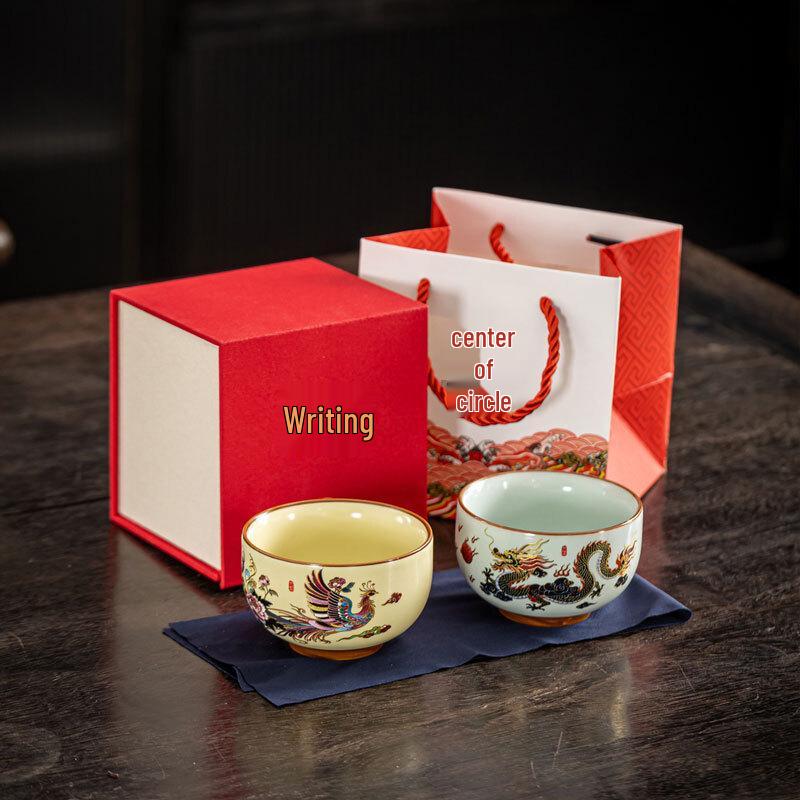 

Wenmo Ru Kiln Dragon & Phoenix Color-Changing Ceramic Couple Tea Cups Gift Set