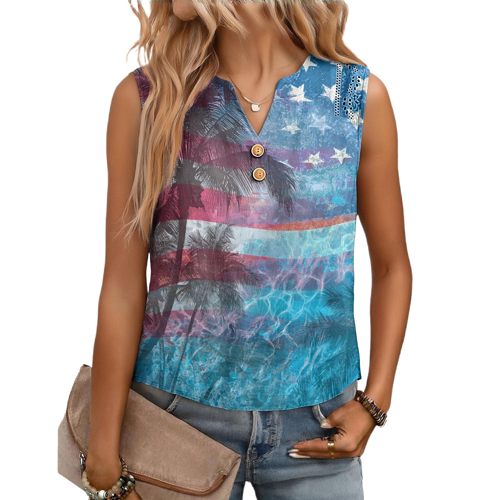 

Women s Casual, Loose-Fitting, Printed, Sleeveless Linen Blouse L киноварь