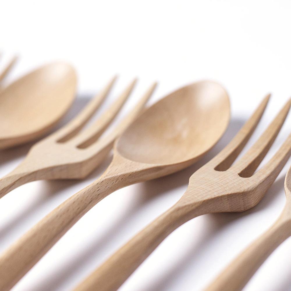 Dinner Portable Wood Handle Ice Cream Salad Kitchen Tableware Utensils Fork Wooden Spoon
