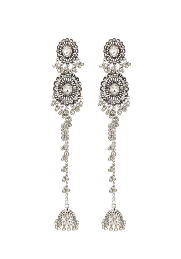 Indian Style Rhinestone Tassel Earrings with Oval Crystal