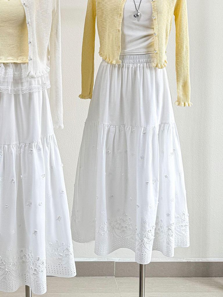 2026 Spring/Summer Floral Embroidered White A-Line Midi Skirt