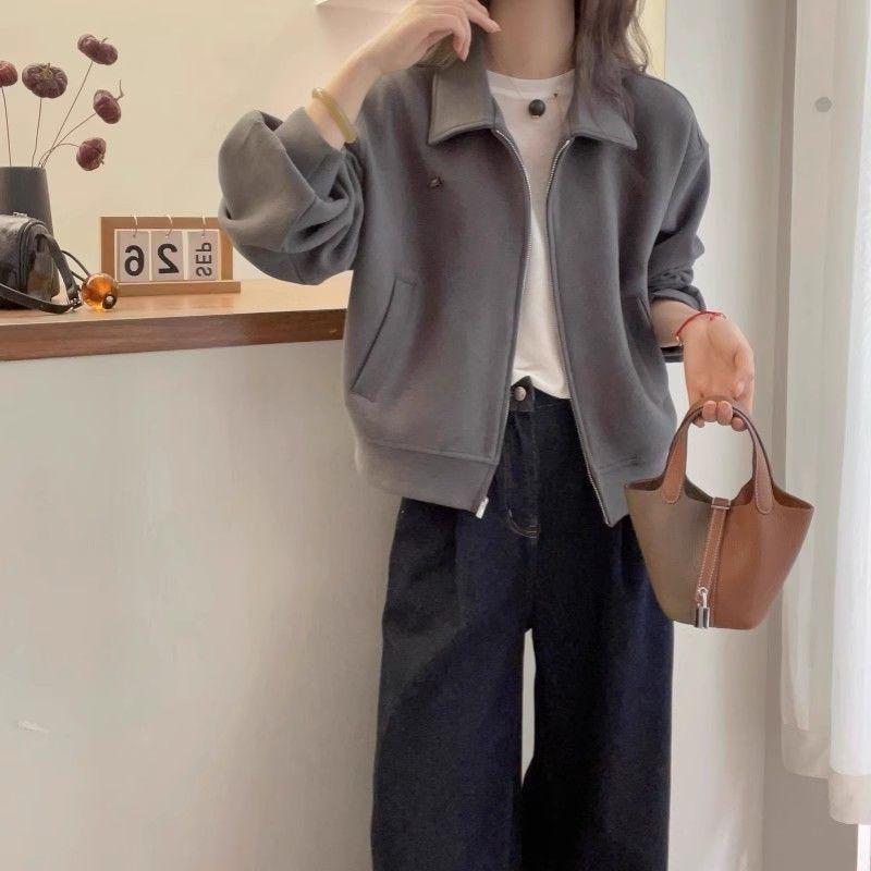 Женская толстовка-кардиган серого цвета больших размеров на осеньзиму 2025 продвинутый стиль без капюшона M for 90-105 lbs темно серый 2830₽