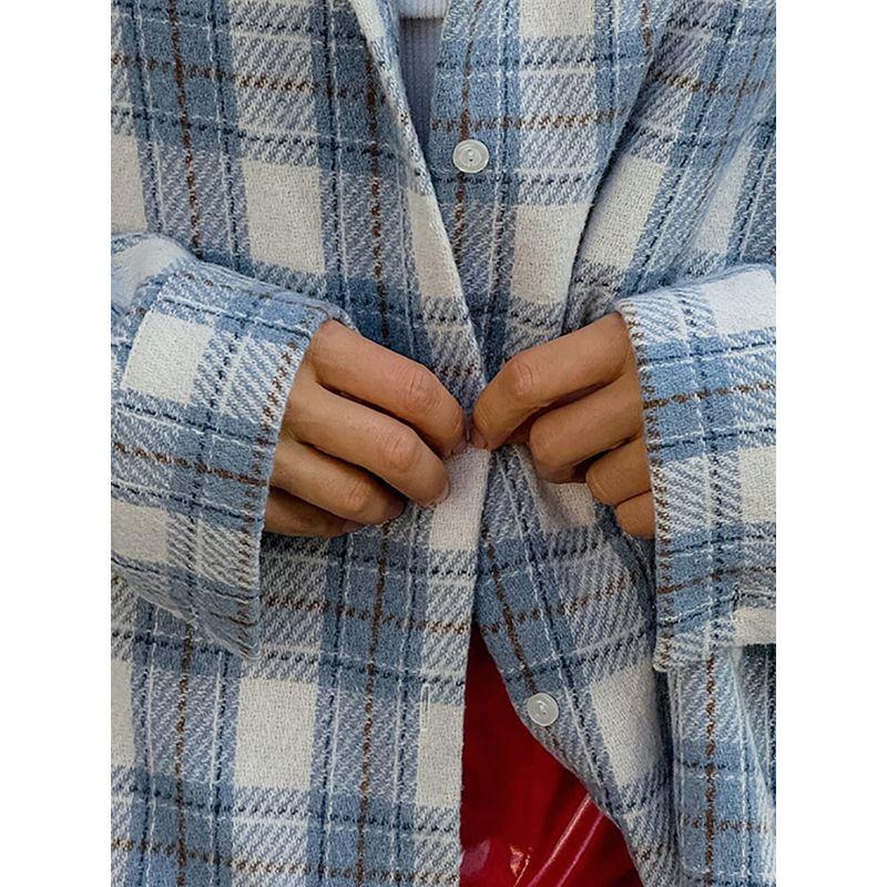 Fashion 2025 Fall and Winter Casual Blue Gingham Shirt Loose Women's Tops All-Match Commute
