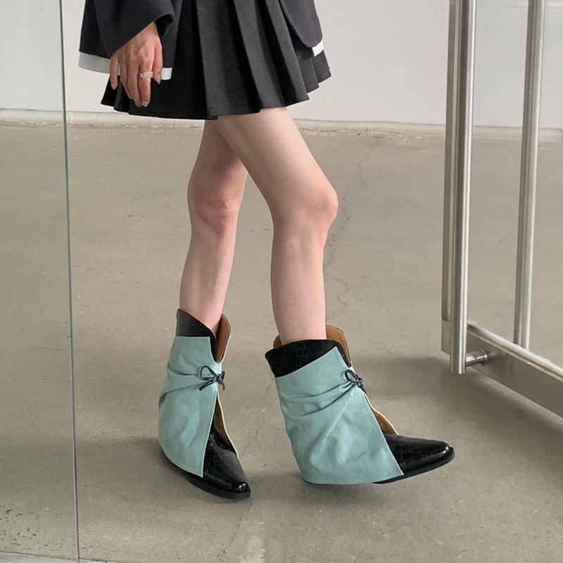 Fashion 2025 New Style Women's Cowboy Boots Pointed Toe Thick Heel Female Short Boots Large Size Bow Trouser Boots for Women