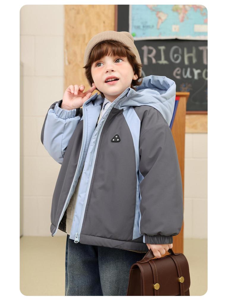 2025 New Boys' Color Block Waterproof Hooded Cotton Jacket with Fleece