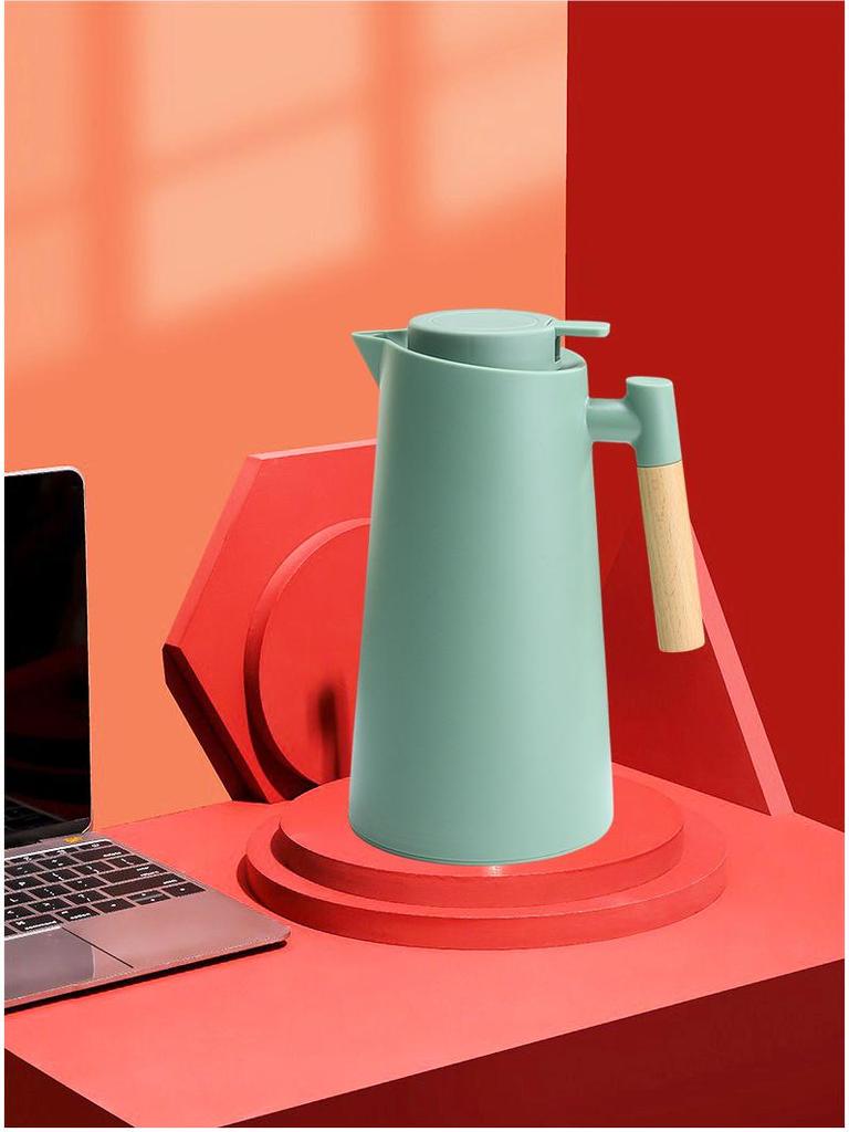 Nordic Thermos Pot with Wooden Handle & Glass Liner, Large-Capacity Hot Water/Coffee Kettle, Printable Design Gift.