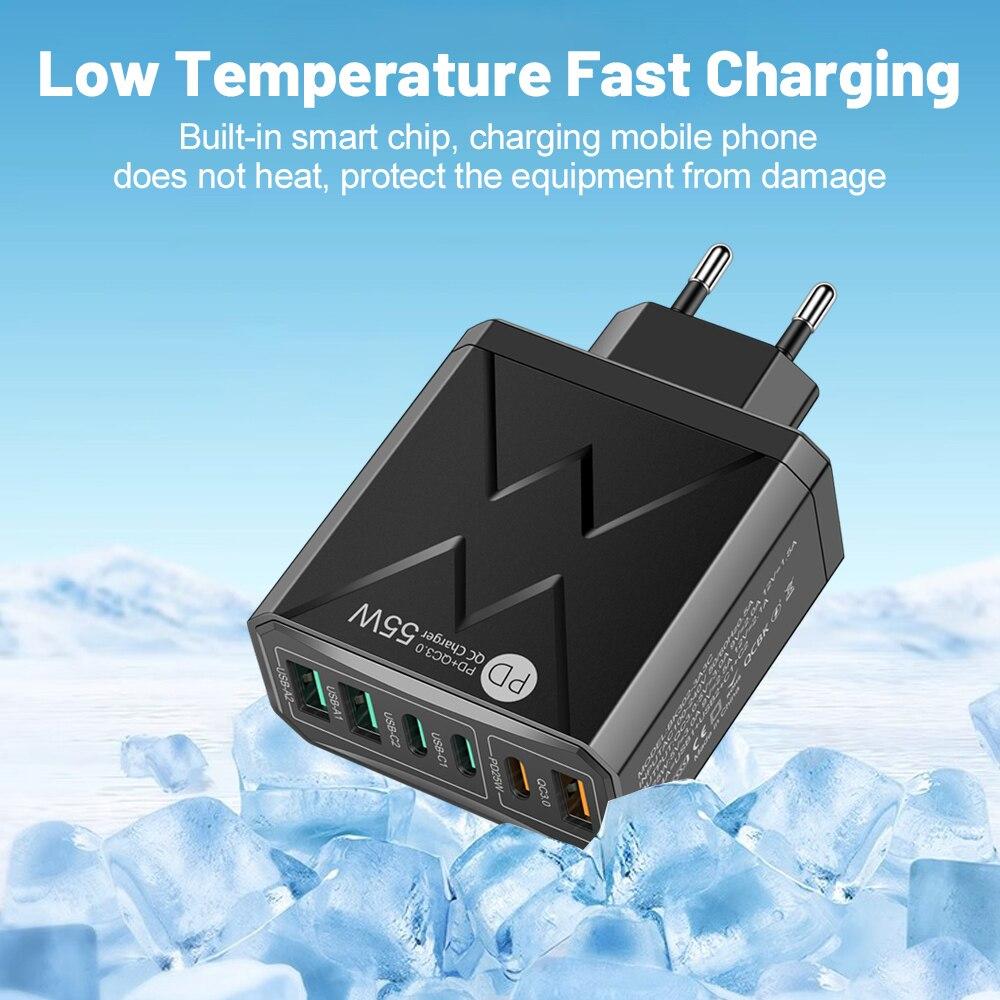 6 In 1 55W PD USB Charger Fast Charging Quick Charge 3.0 Travel Charger For iPhone Samsung Xiaomi Mobile Phone Charger